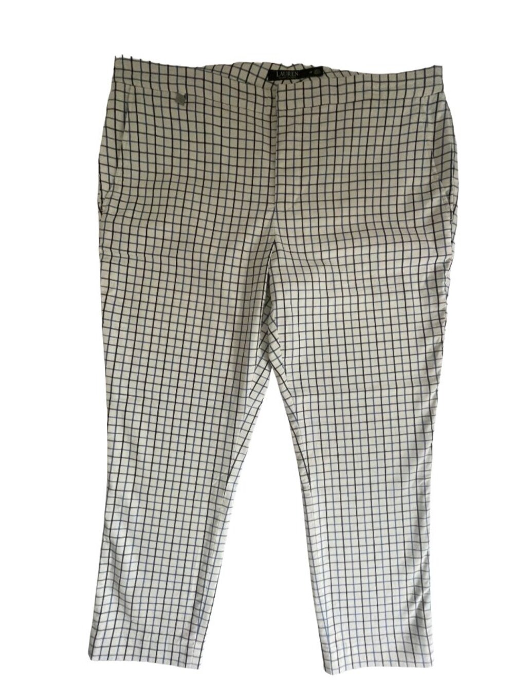 Lauren Ralph Lauren Plaid Ankle Pants Size 16 White Blue Stretch